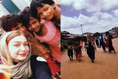 جيجي حديد تزور مخيم "الروهنغيا المسلمين" بالحجاب وتكشف مهاراتها الكروية