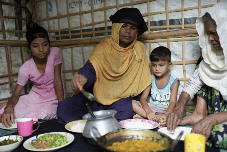 عدد من لاجئي الروهينجا يتشاركون وجبة في أحد مخيمات اللجوء (صورة: UNHCR)