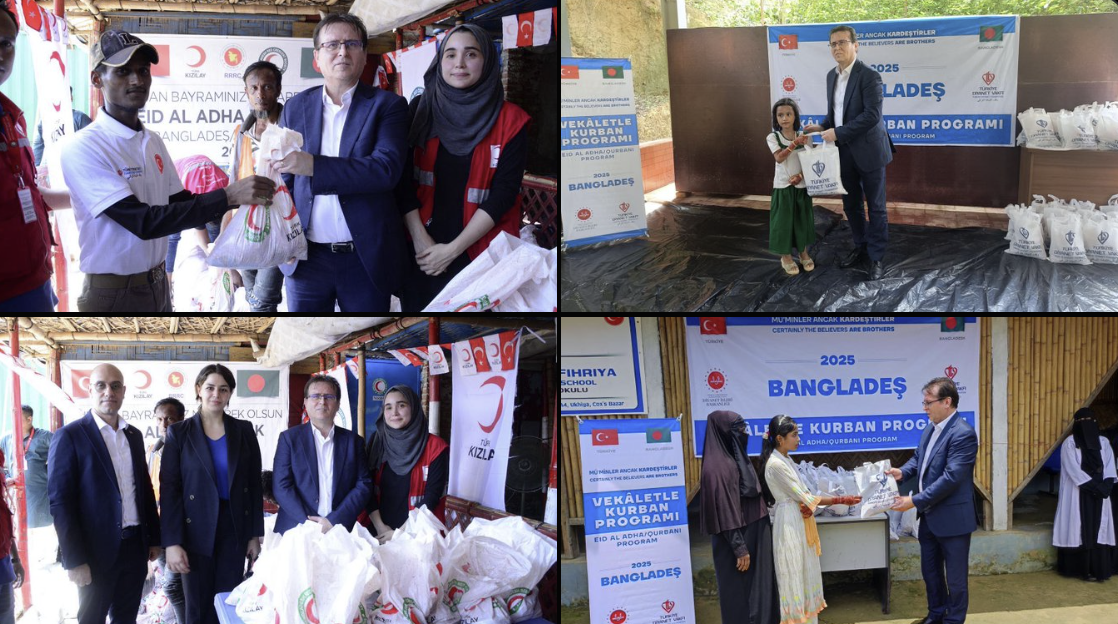 جانب من توزيع لحوم الأضاحي والمساعدات من جانب المنظمات التركية على لاجئي الروهينجا في بنغلادش (صورة: حساب السفارة التركية على X)